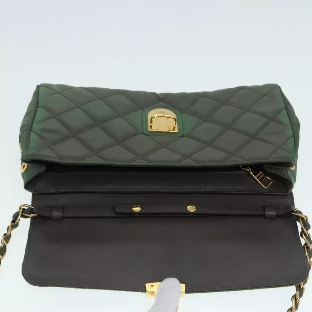 PRADA Chain Quilted Shoulder Bag Nylon Khaki Gold Auth 90227 - Picture 10 of 15